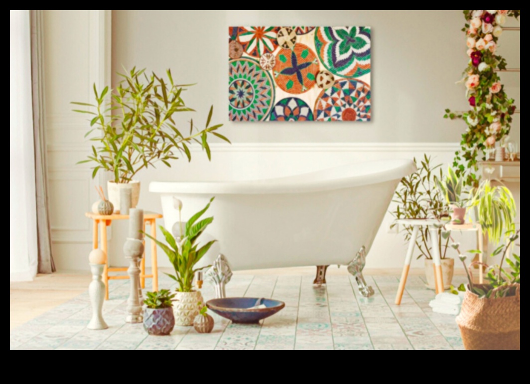 Bohēmisks vannas istabas dekors brīvai noskaņai
