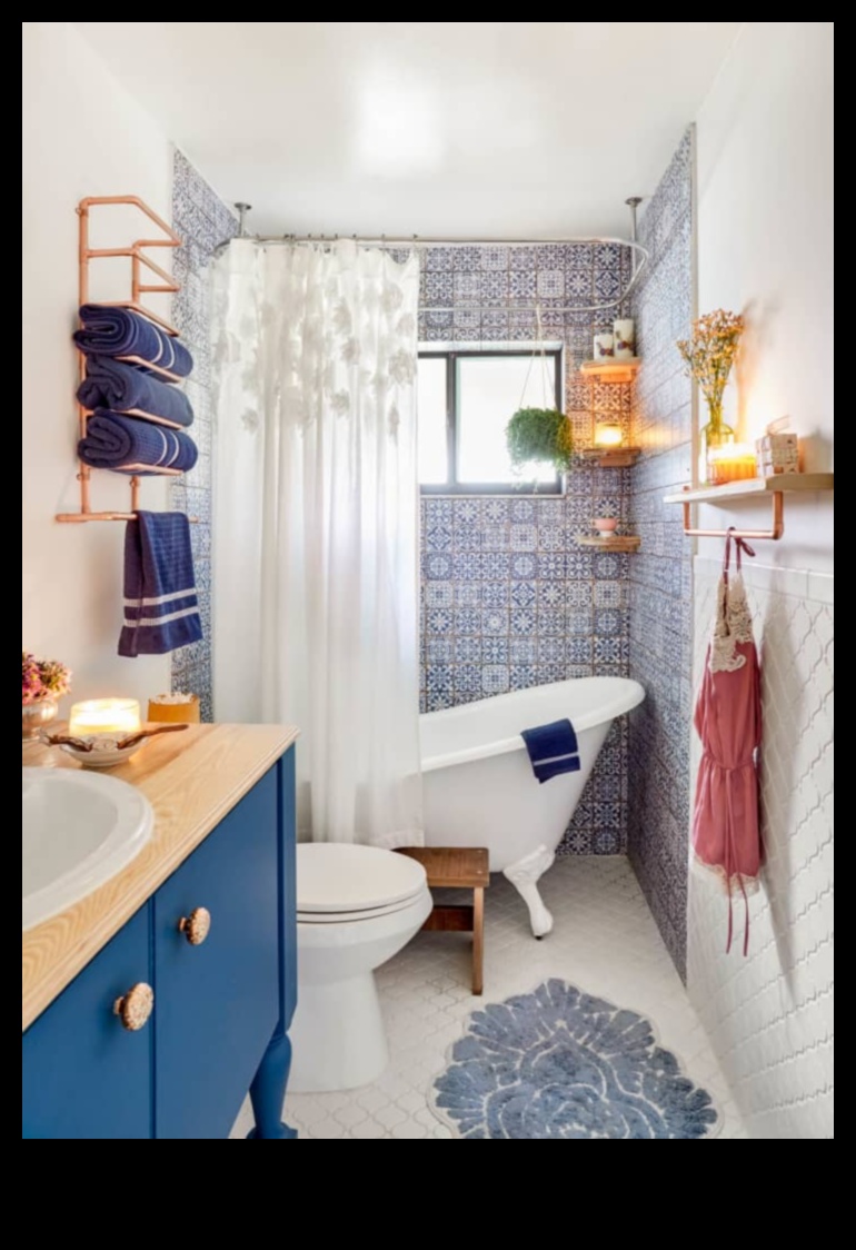 Bohēmisks vannas istabas dekors brīvai noskaņai